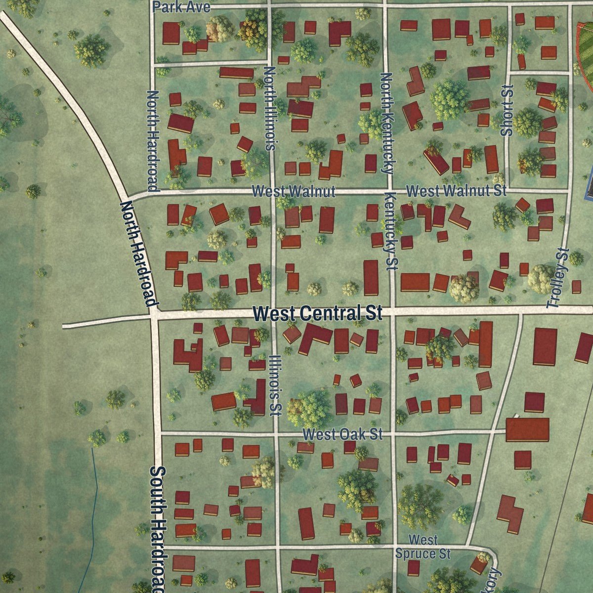 Second close-up of the map of Benld, Illinois print showing more streets and buildings