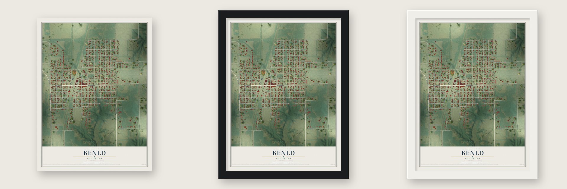 Benld, Illinois map unframed, in a black wood frame and in a white wood frame
