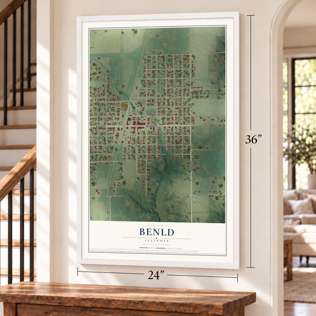 Benld, Illinois map, 24 x 36 inch print in a white frame by a staircase