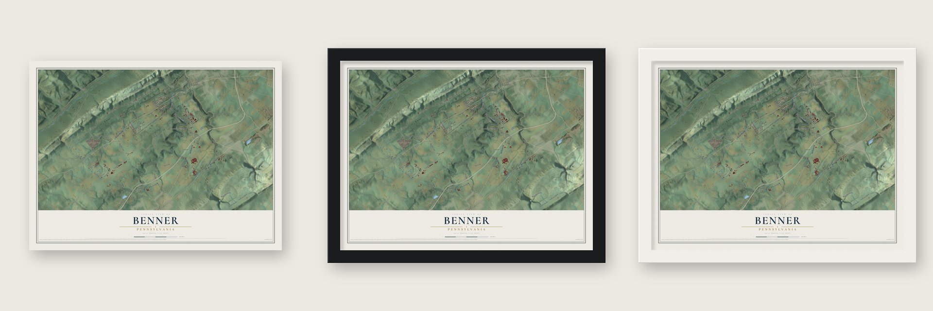 Benner, Pennsylvania map unframed, in a black wood frame and in a white wood frame