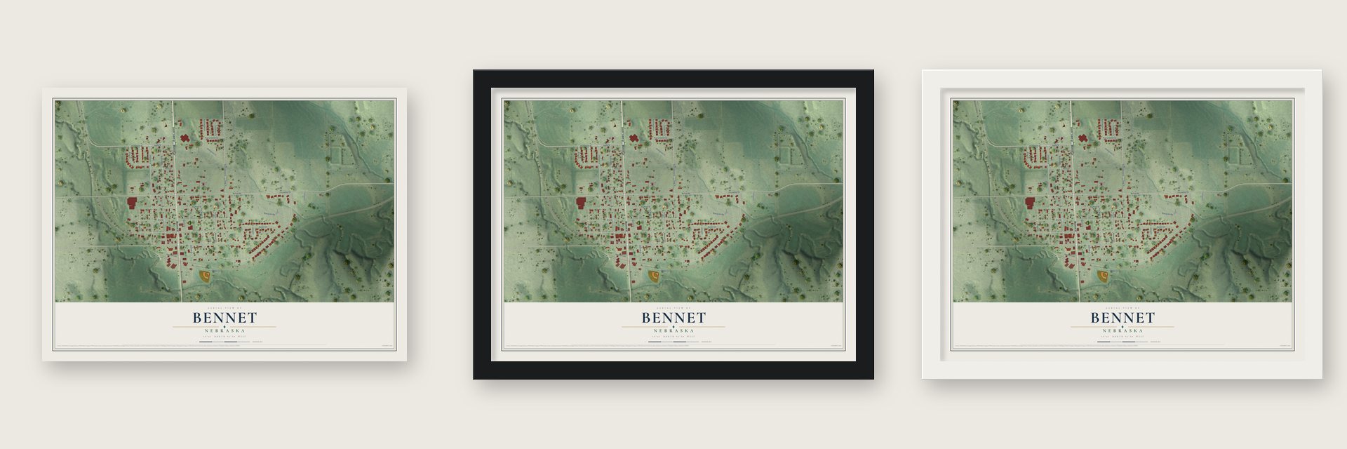 Bennet, Nebraska map unframed, in a black wood frame and in a white wood frame