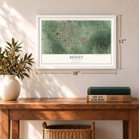 Bennet, Nebraska map, 12 x 18 inch print in a white frame in an entryway