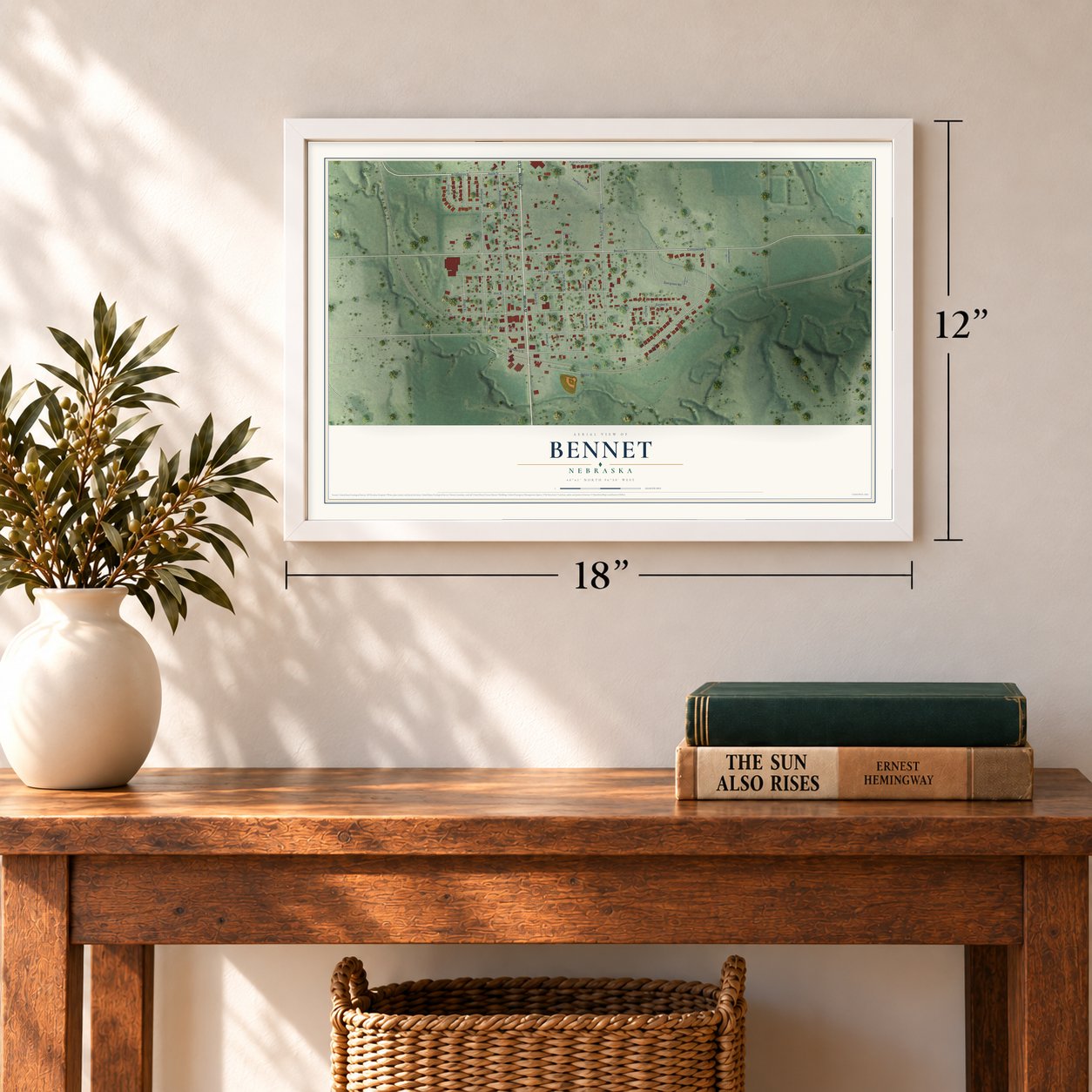 Bennet, Nebraska map, 12 x 18 inch print in a white frame in an entryway