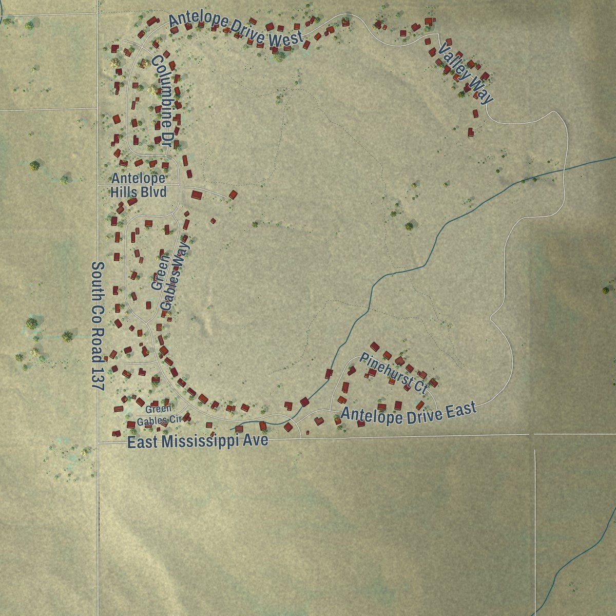 Second close-up of the map of Bennett, Colorado print showing more streets and buildings