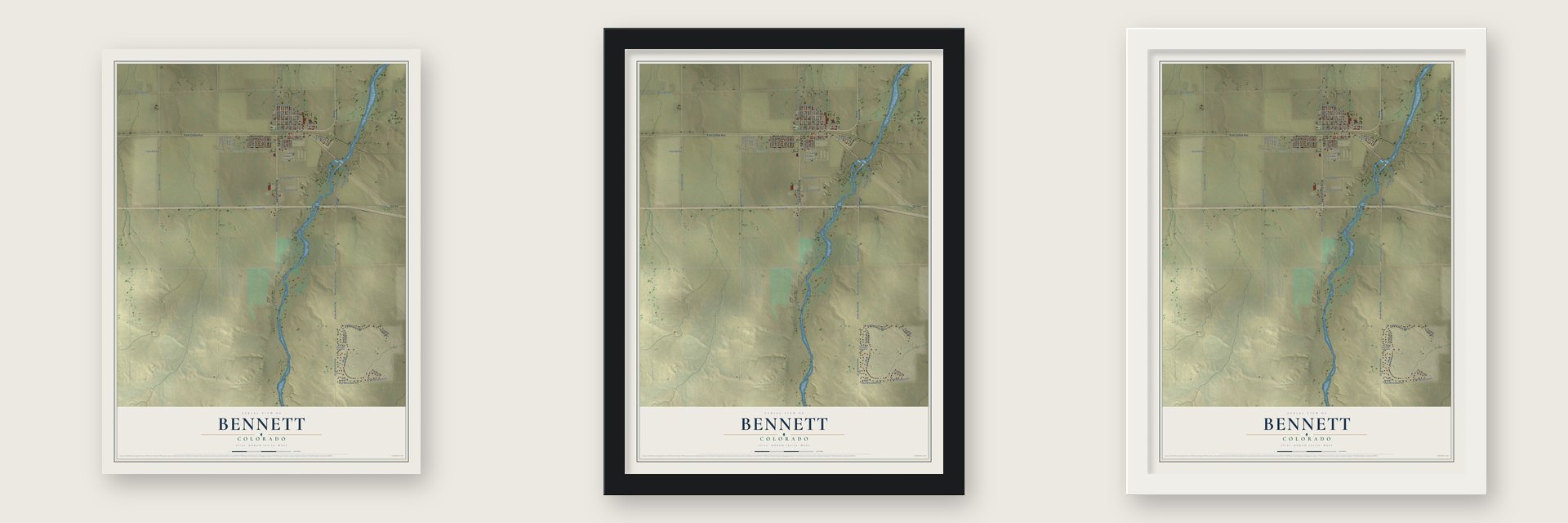 Bennett, Colorado map unframed, in a black wood frame and in a white wood frame