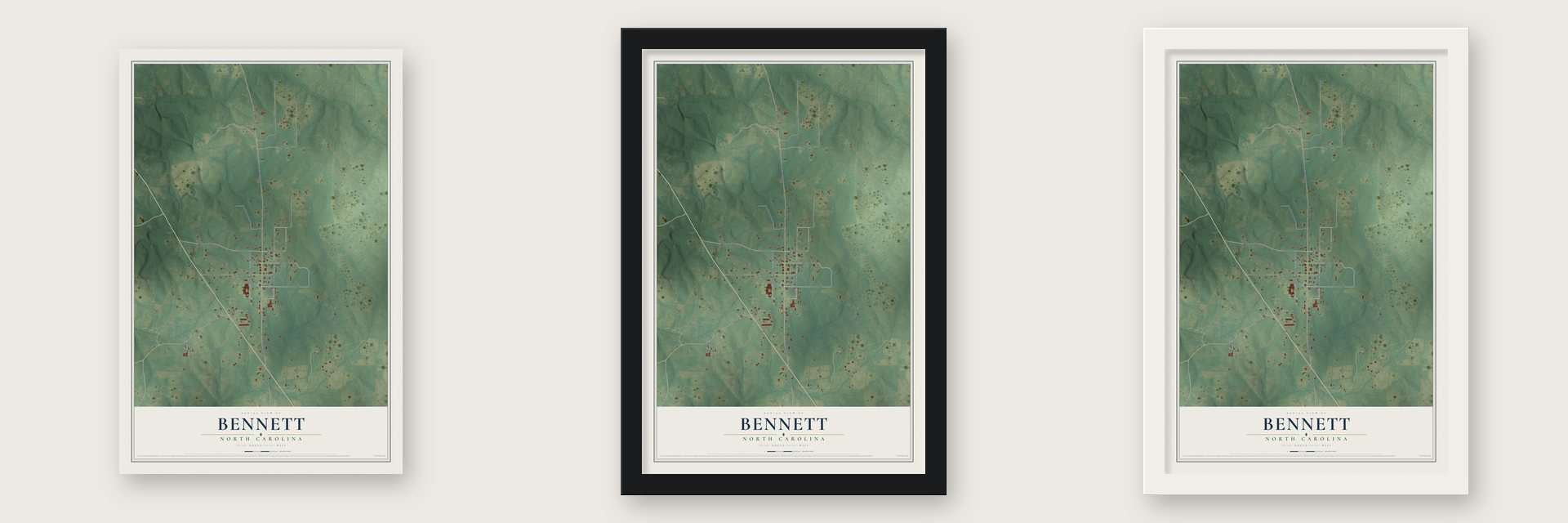 Bennett, North Carolina map unframed, in a black wood frame and in a white wood frame