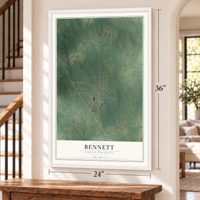 Bennett, North Carolina map, 24 x 36 inch print in a white frame by a staircase