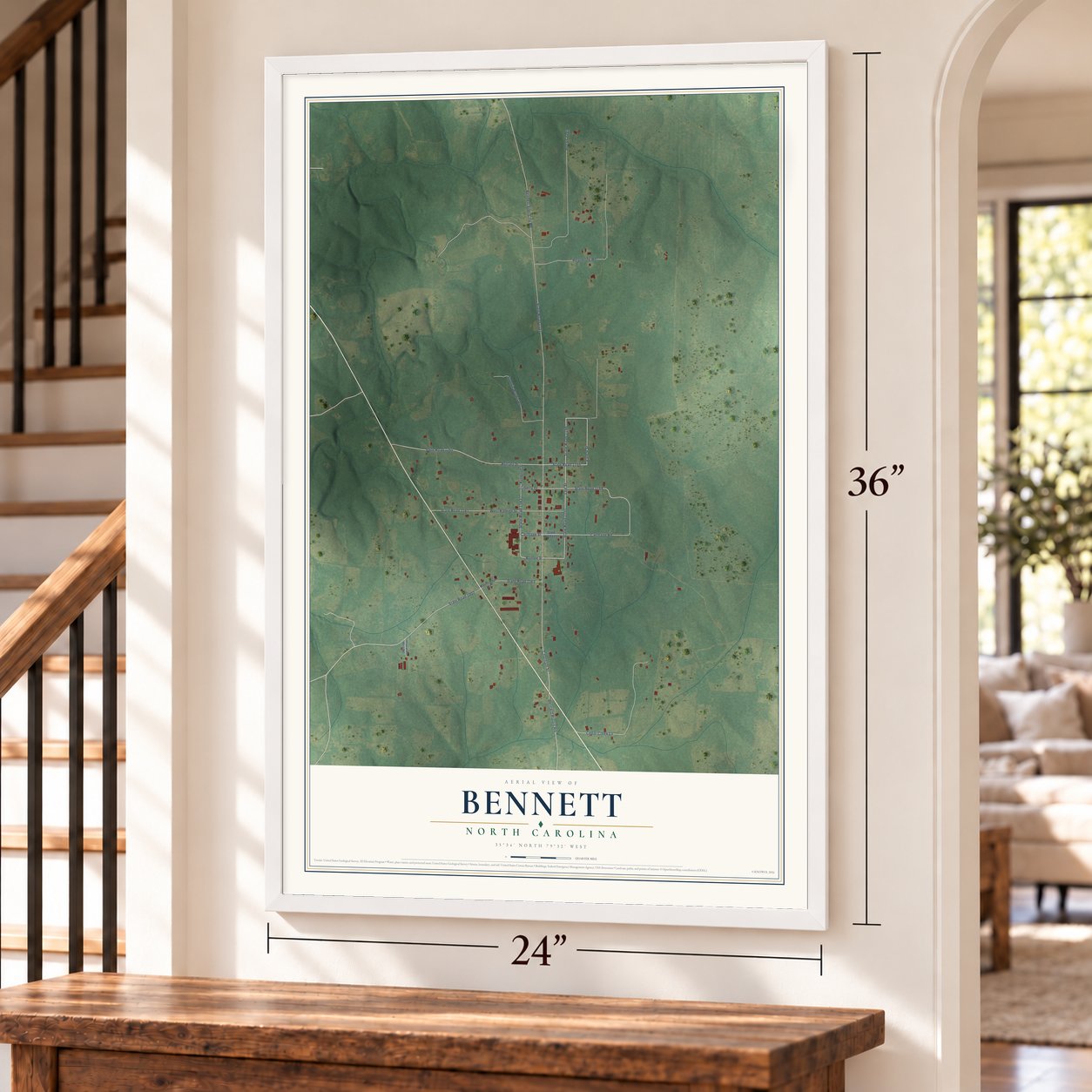 Bennett, North Carolina map, 24 x 36 inch print in a white frame by a staircase