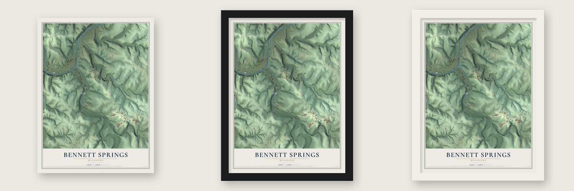 Bennett Springs, Missouri map unframed, in a black wood frame and in a white wood frame