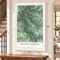 Bennett Springs, Missouri map, 24 x 36 inch print in a white frame by a staircase