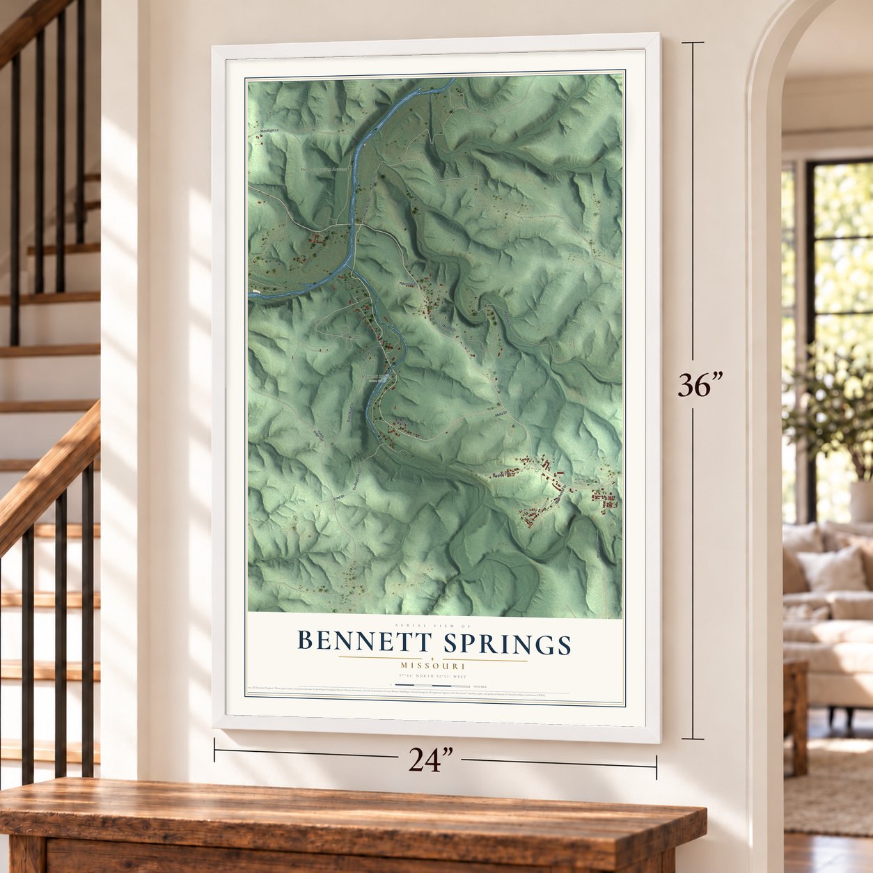 Bennett Springs, Missouri map, 24 x 36 inch print in a white frame by a staircase