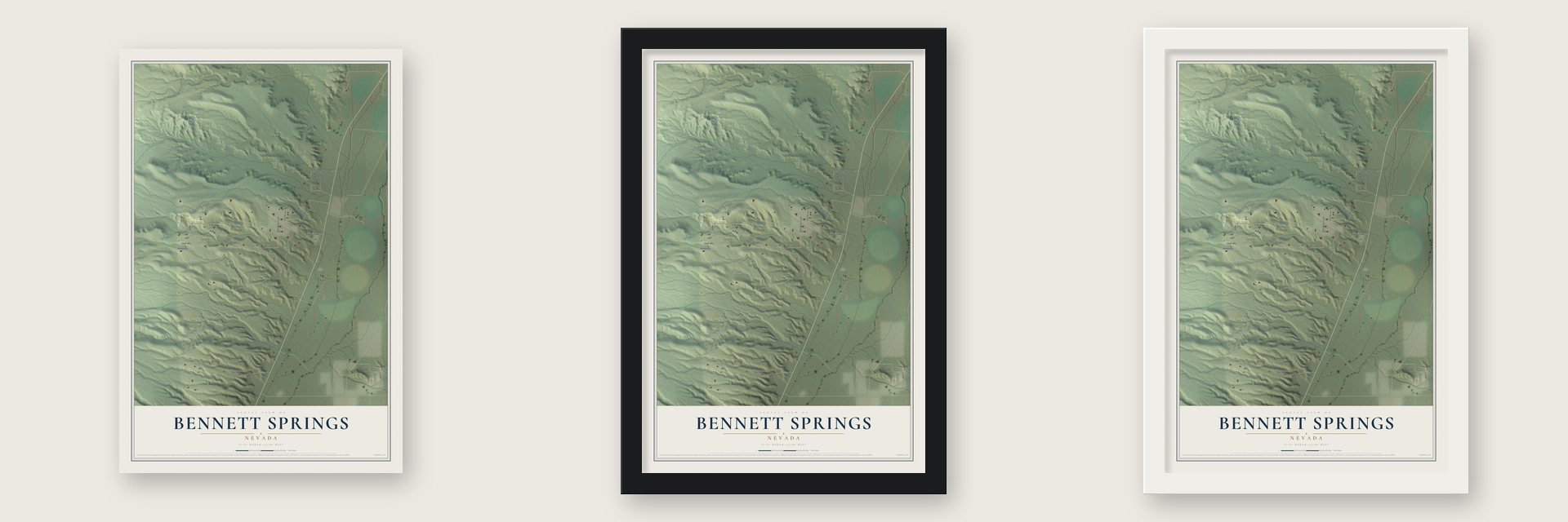 Bennett Springs, Nevada map unframed, in a black wood frame and in a white wood frame