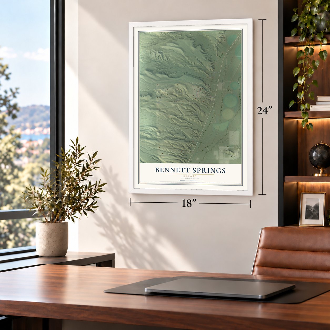 Bennett Springs, Nevada map, 18 x 24 inch print in a white frame in a home office