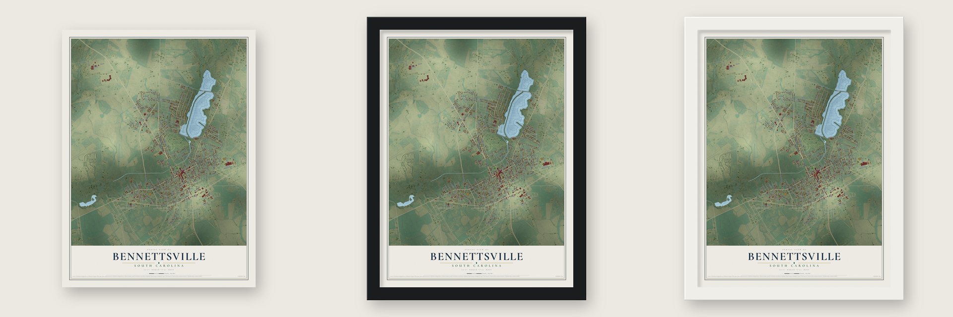 Bennettsville, South Carolina map unframed, in a black wood frame and in a white wood frame