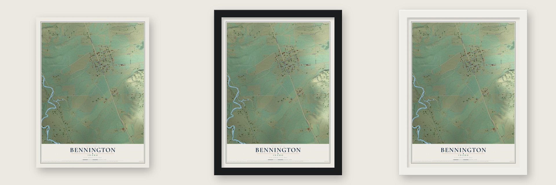 Bennington, Idaho map unframed, in a black wood frame and in a white wood frame