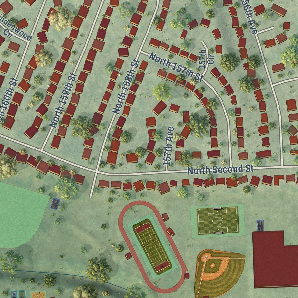 Second close-up of the map of Bennington, Nebraska print showing more streets and buildings