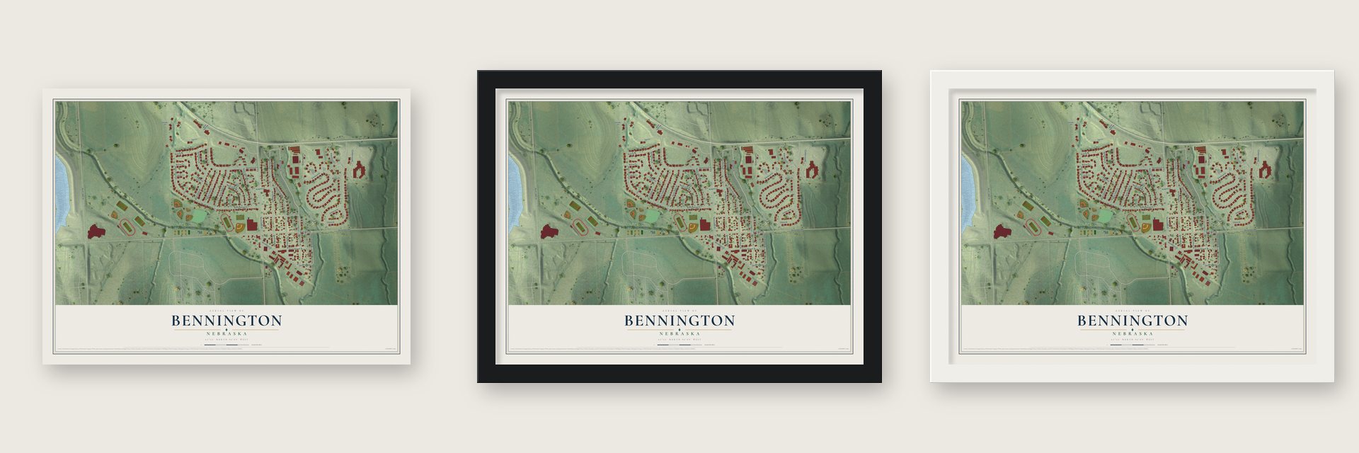 Bennington, Nebraska map unframed, in a black wood frame and in a white wood frame