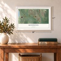 Bennington, Nebraska map, 12 x 18 inch print in a white frame in an entryway