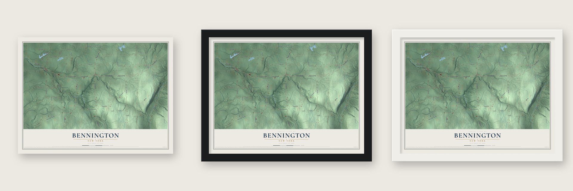 Bennington, New York map unframed, in a black wood frame and in a white wood frame