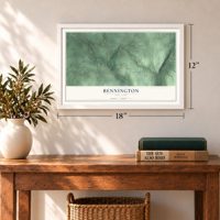 Bennington, New York map, 12 x 18 inch print in a white frame in an entryway