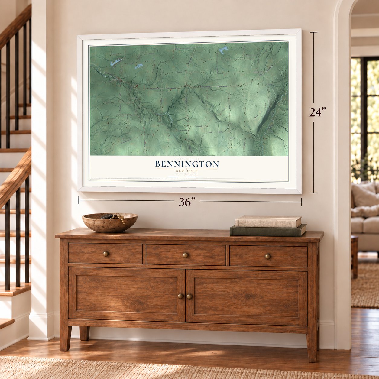 Bennington, New York map, 24 x 36 inch print in a white frame above a dresser by a staircase