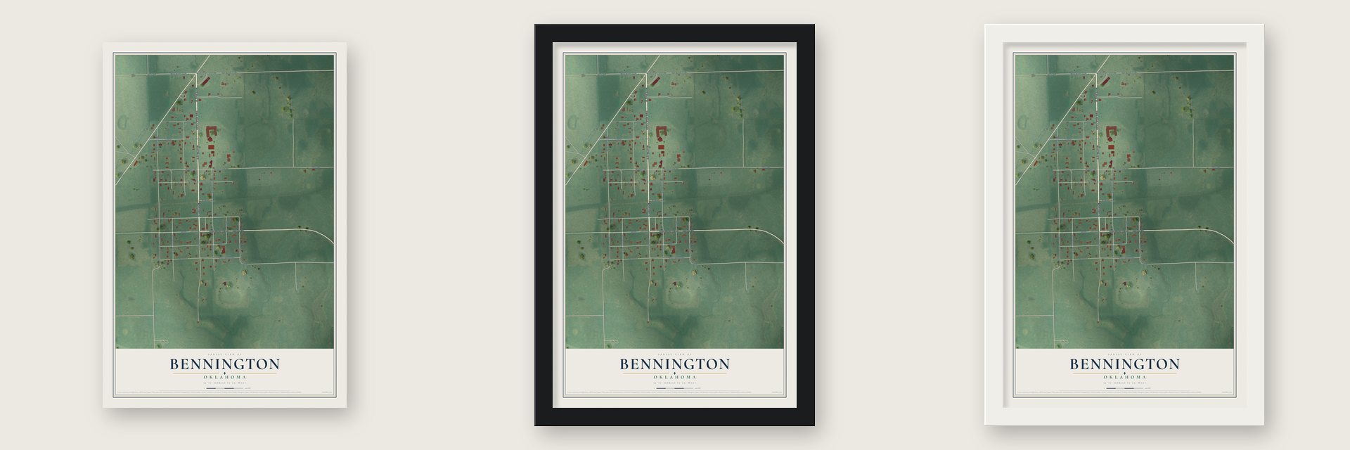 Bennington, Oklahoma map unframed, in a black wood frame and in a white wood frame