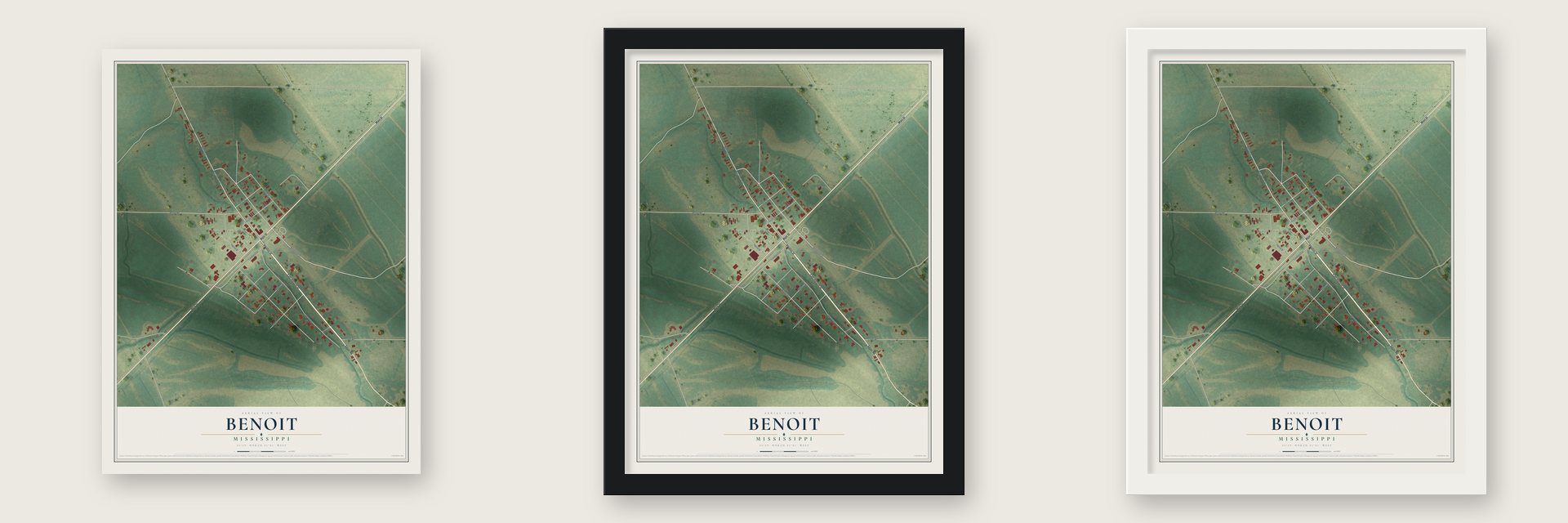 Benoit, Mississippi map unframed, in a black wood frame and in a white wood frame