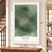 Benoit, Mississippi map, 24 x 36 inch print in a white frame by a staircase