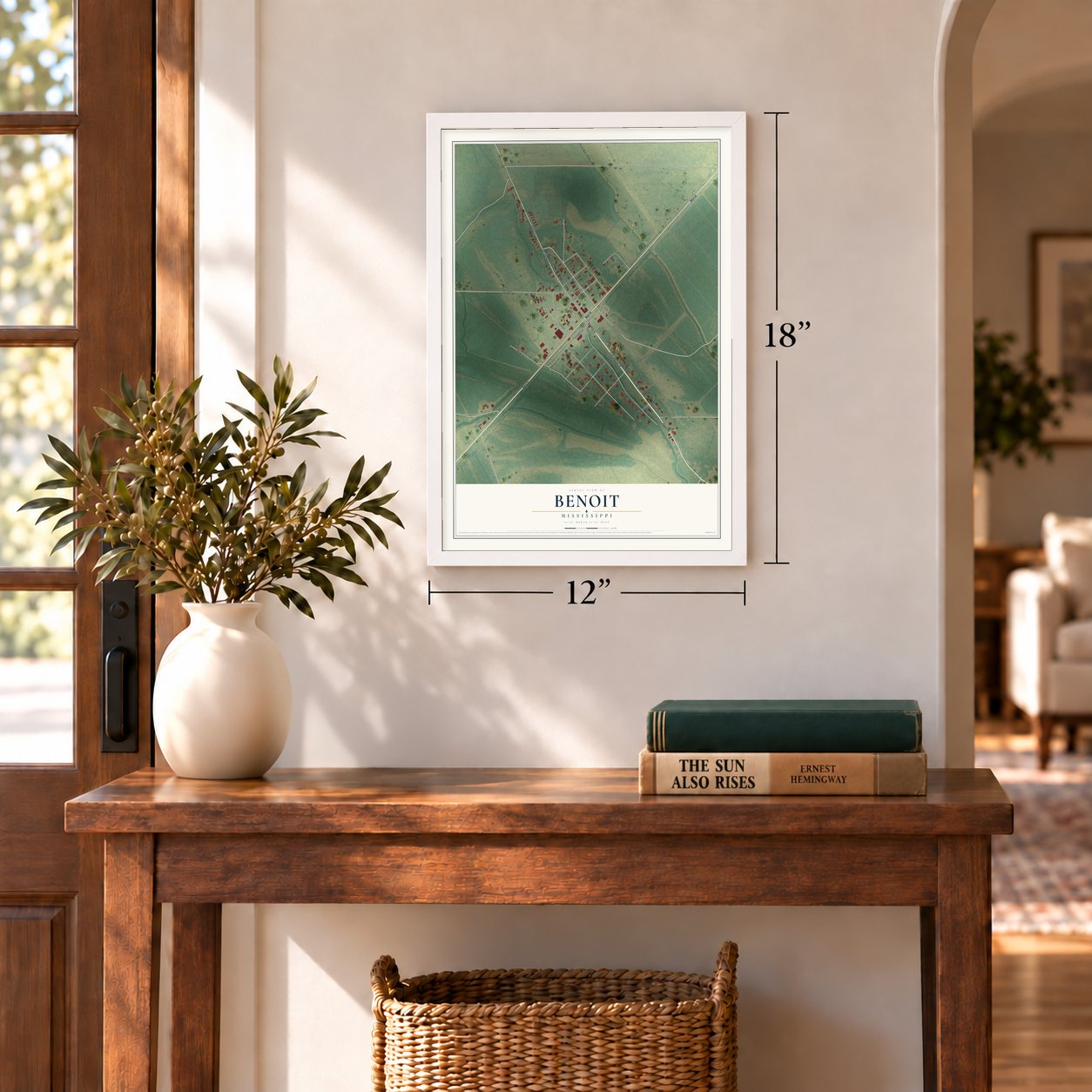 Benoit, Mississippi map, 12 x 18 inch print in a white frame in an entryway