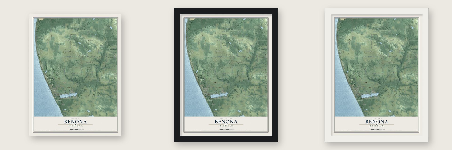 Benona, Michigan map unframed, in a black wood frame and in a white wood frame