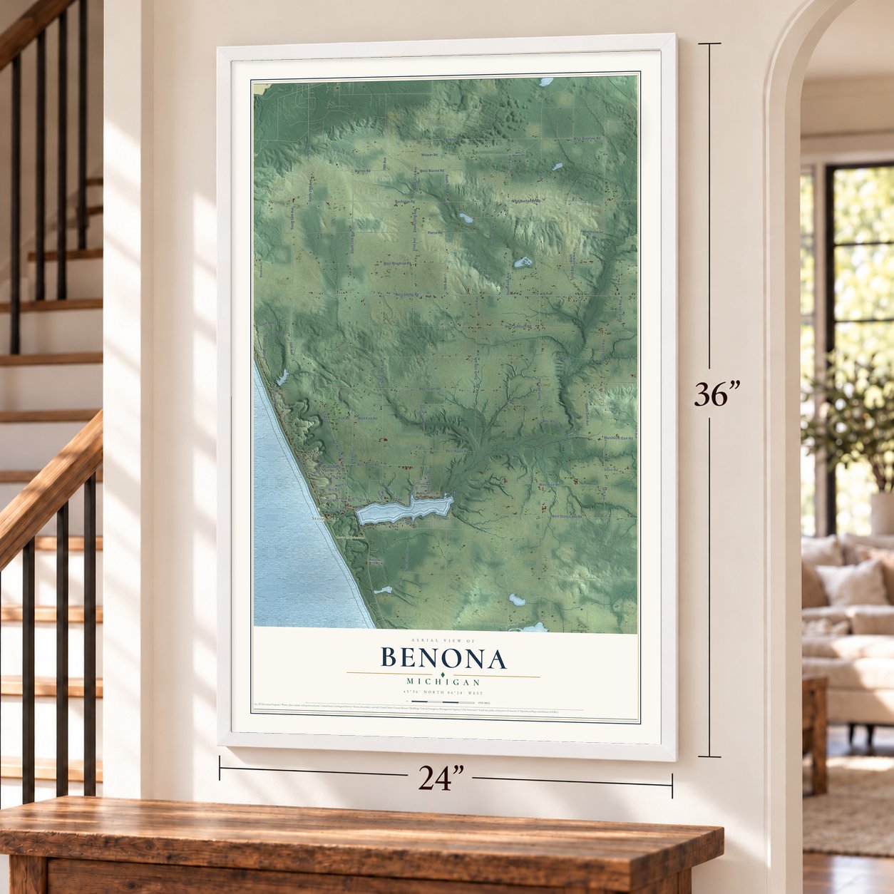 Benona, Michigan map, 24 x 36 inch print in a white frame by a staircase