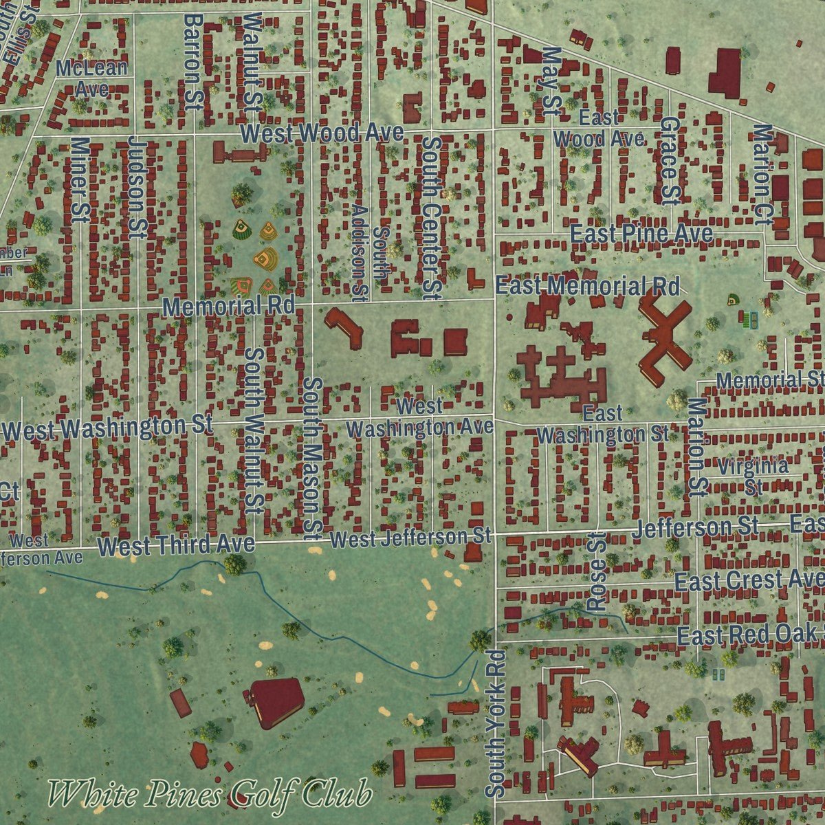 Second close-up of the map of Bensenville, Illinois print showing more streets and buildings
