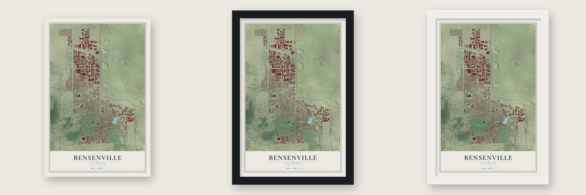 Bensenville, Illinois map unframed, in a black wood frame and in a white wood frame