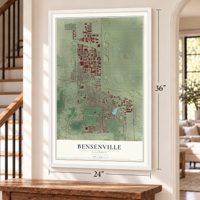 Bensenville, Illinois map, 24 x 36 inch print in a white frame by a staircase