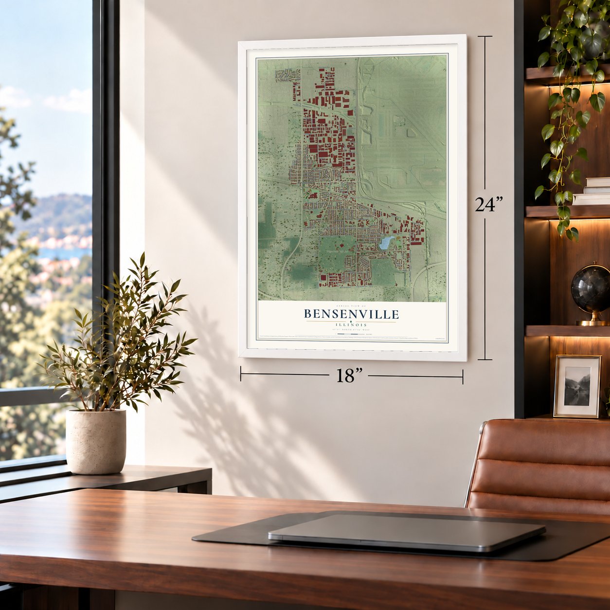 Bensenville, Illinois map, 18 x 24 inch print in a white frame in a home office