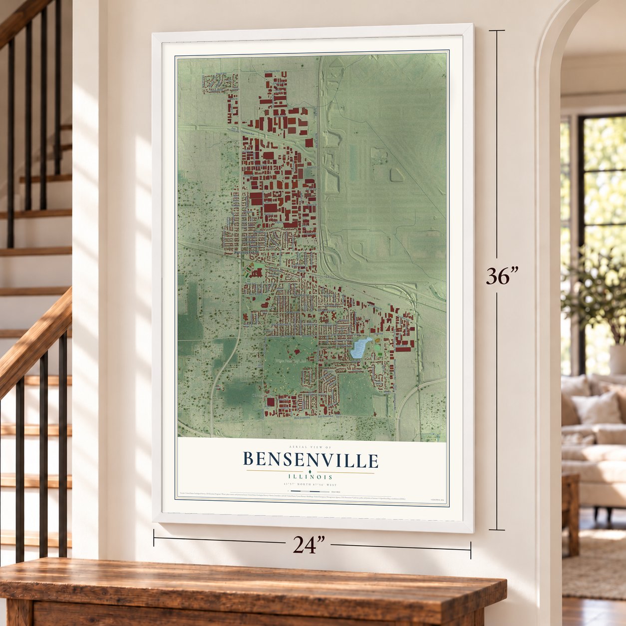 Bensenville, Illinois map, 24 x 36 inch print in a white frame by a staircase