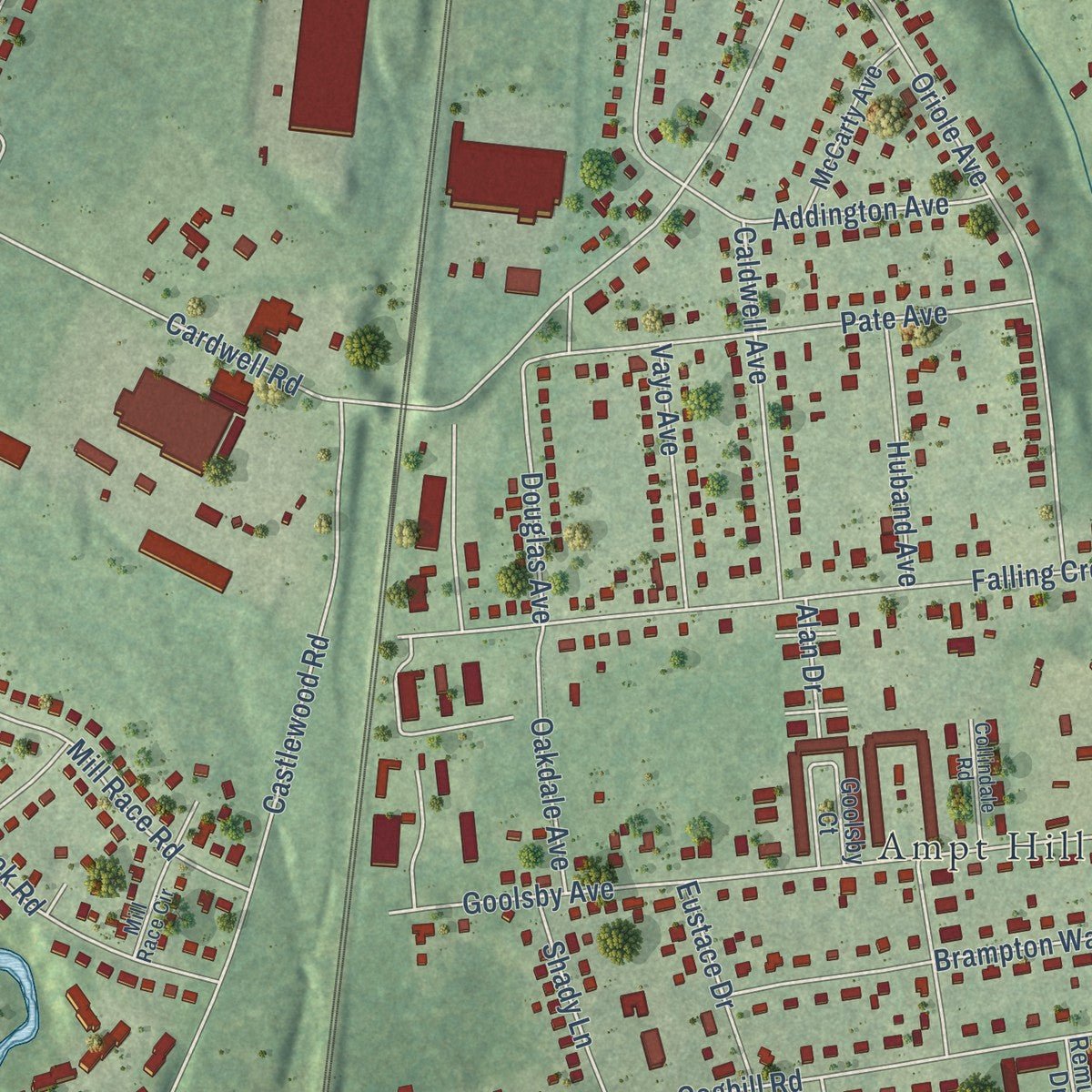 Second close-up of the map of Bensley, Virginia print showing more streets and buildings