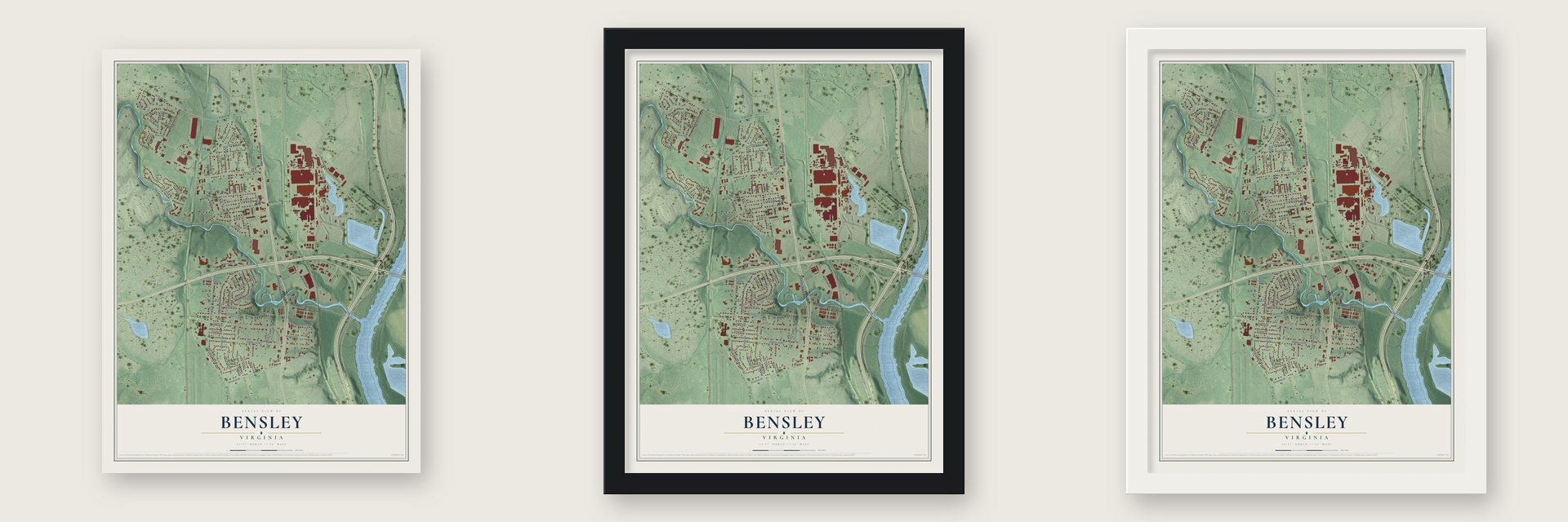 Bensley, Virginia map unframed, in a black wood frame and in a white wood frame