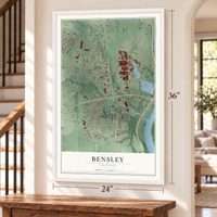 Bensley, Virginia map, 24 x 36 inch print in a white frame by a staircase