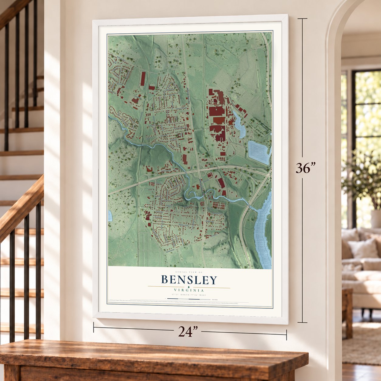 Bensley, Virginia map, 24 x 36 inch print in a white frame by a staircase