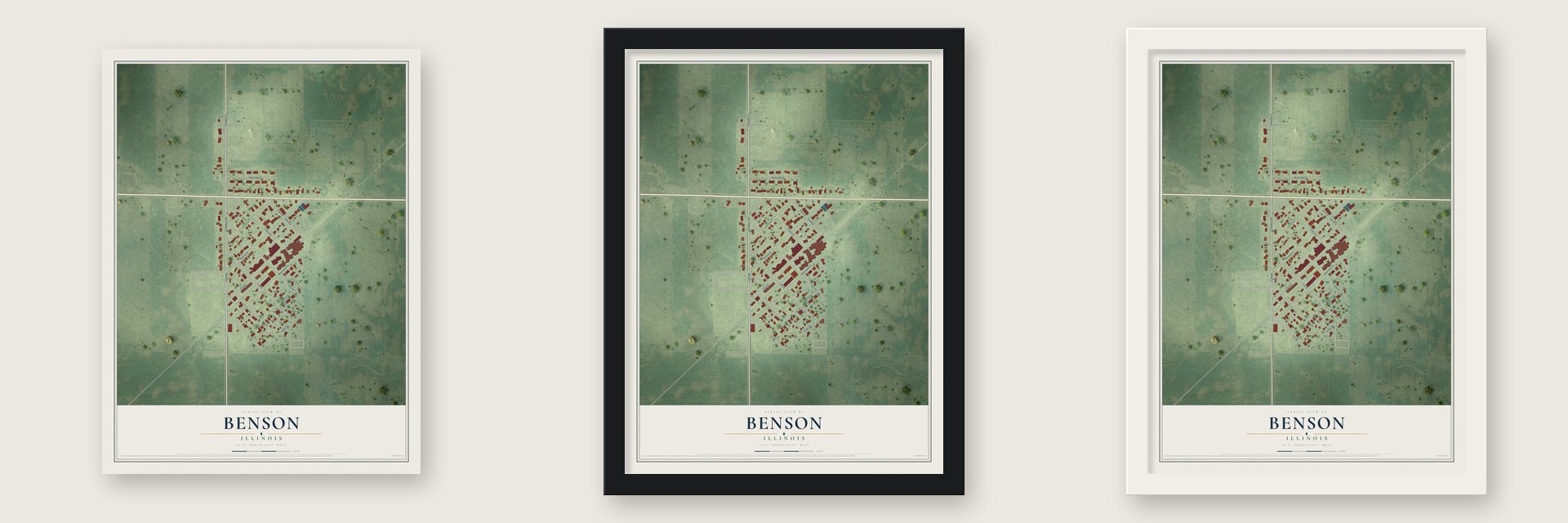 Benson, Illinois map unframed, in a black wood frame and in a white wood frame