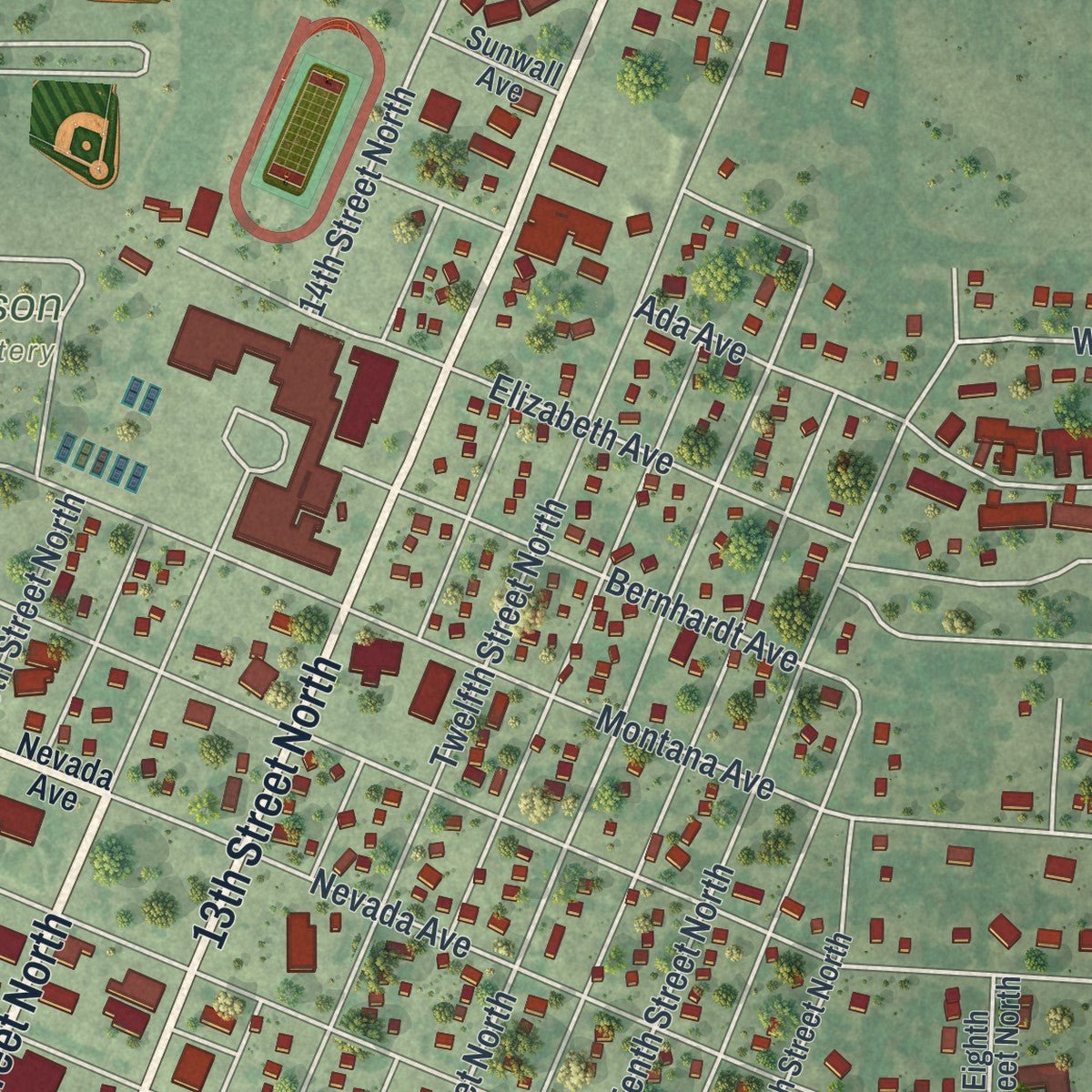 Second close-up of the map of Benson, Minnesota print showing more streets and buildings