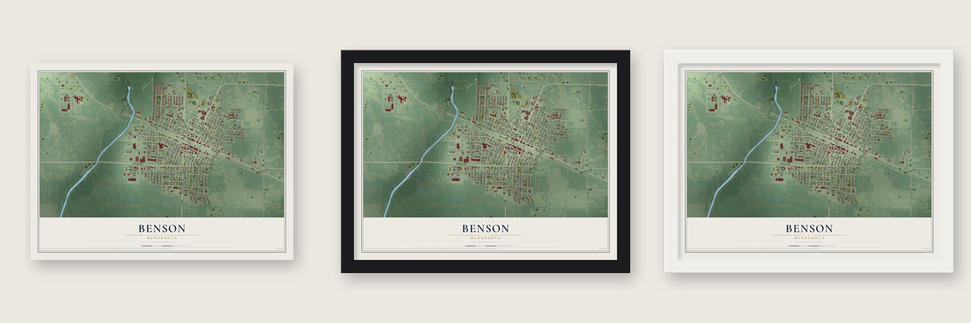 Benson, Minnesota map unframed, in a black wood frame and in a white wood frame