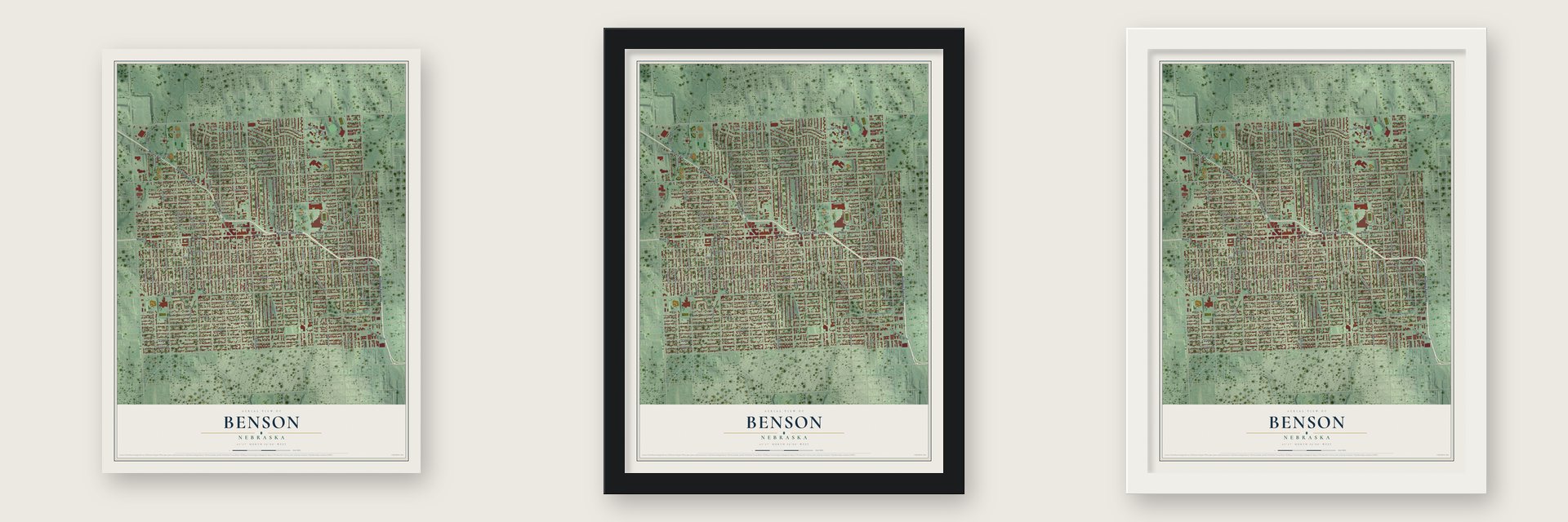 Benson, Nebraska map unframed, in a black wood frame and in a white wood frame