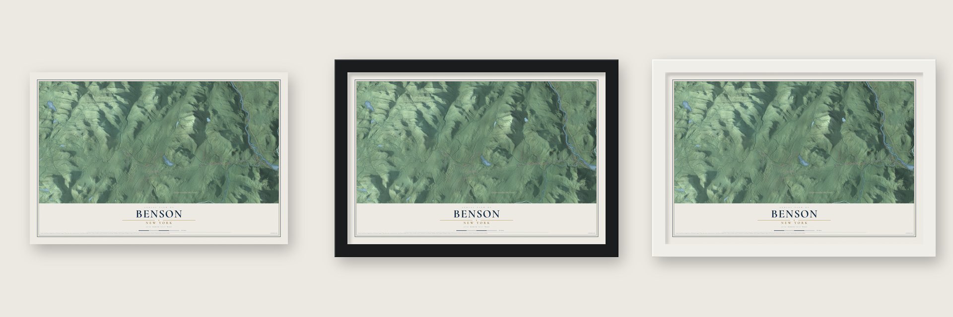 Benson, New York map unframed, in a black wood frame and in a white wood frame
