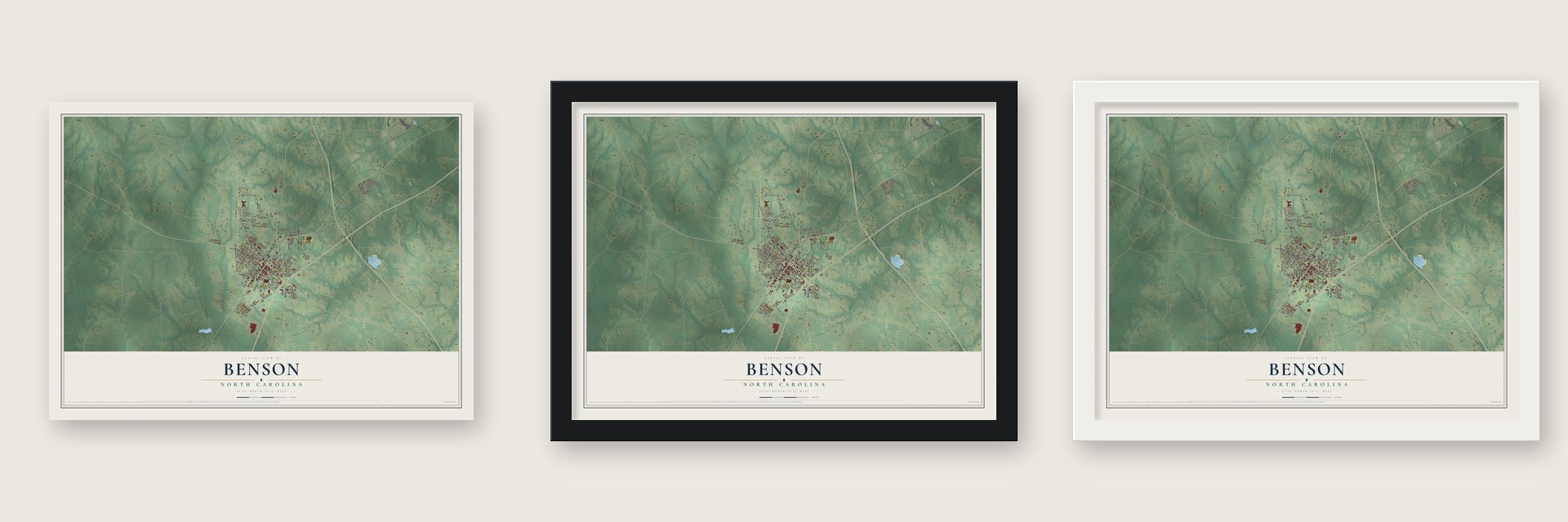 Benson, North Carolina map unframed, in a black wood frame and in a white wood frame