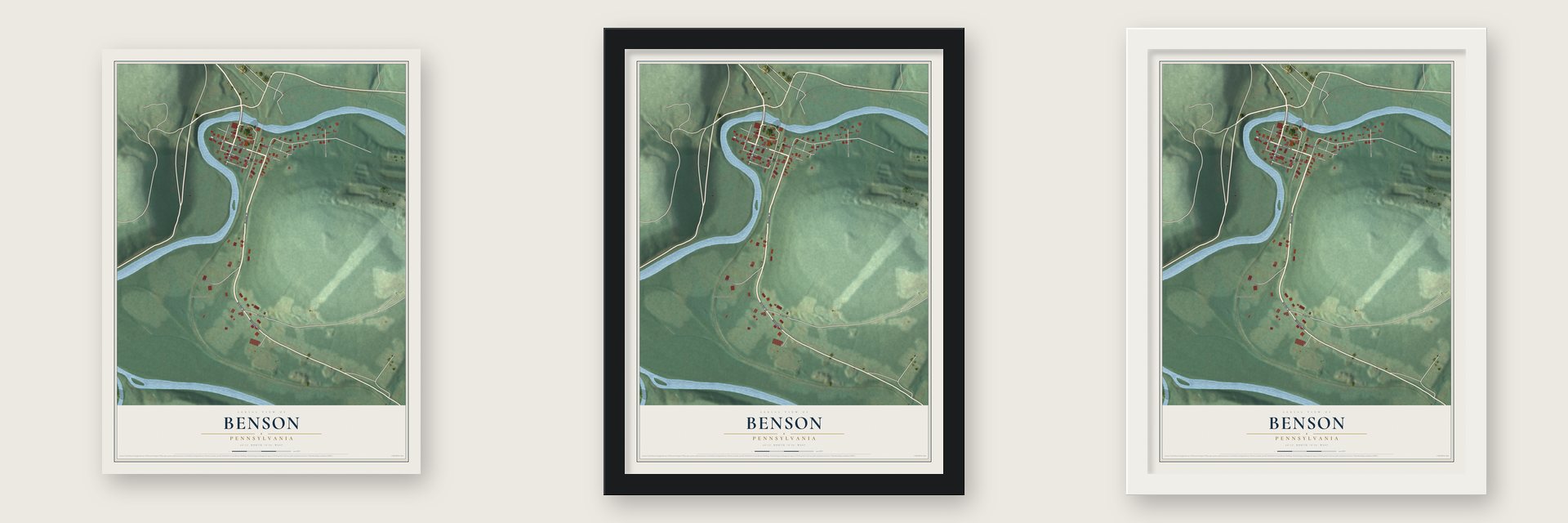 Benson, Pennsylvania map unframed, in a black wood frame and in a white wood frame