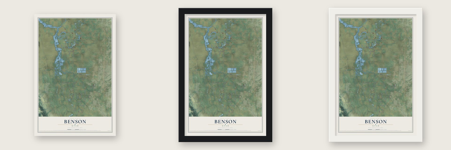 Benson, Utah map unframed, in a black wood frame and in a white wood frame