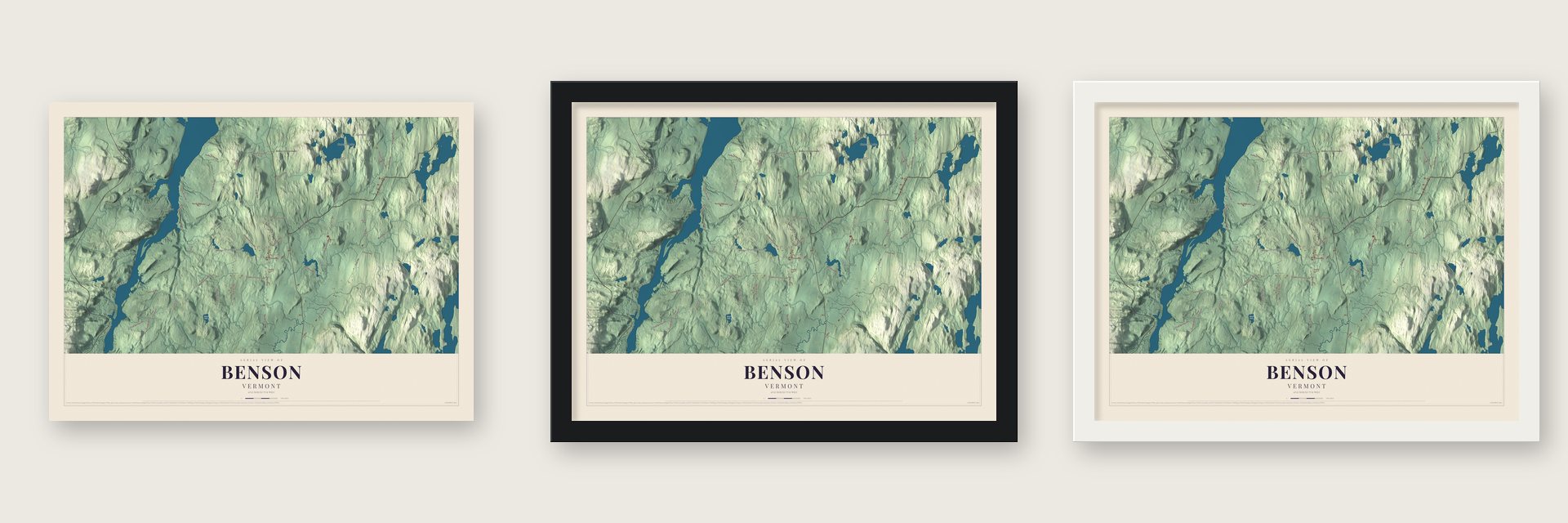 Benson, Vermont map unframed, in a black wood frame and in a white wood frame