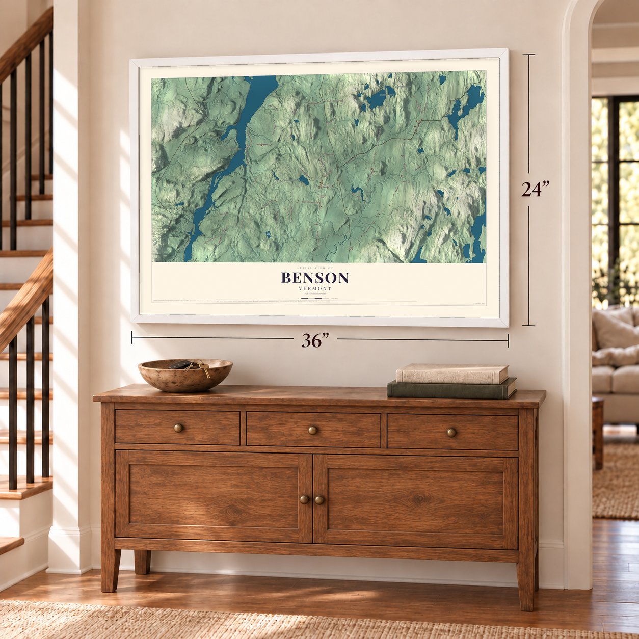 Benson, Vermont map, 24 x 36 inch print in a white frame above a dresser by a staircase
